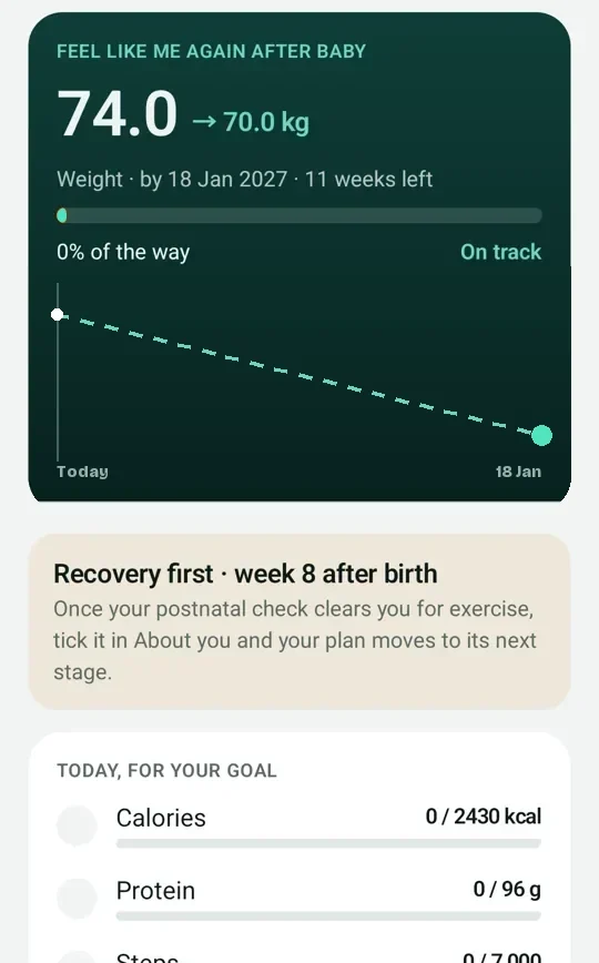 Everhale postpartum goal: feel like me again after baby, with a recovery-first banner at week 8