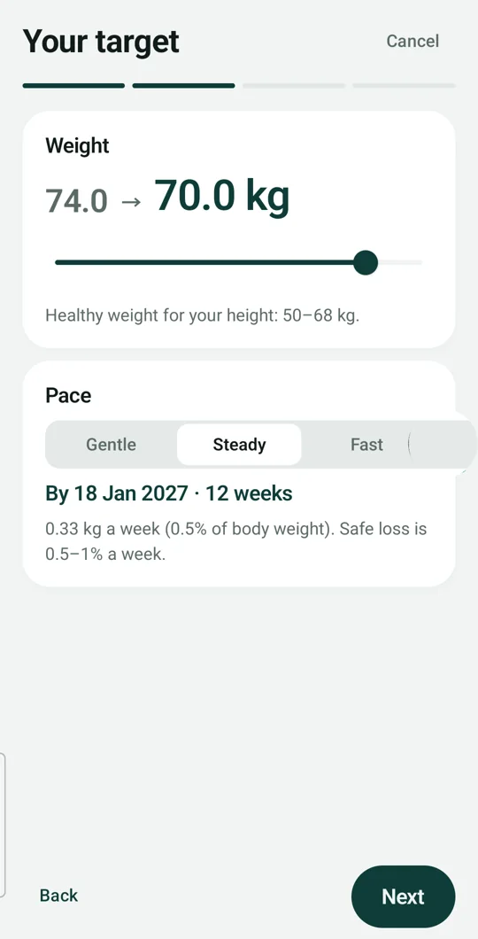 The goal wizard showing a target of 70 kg by 18 January at a steady pace