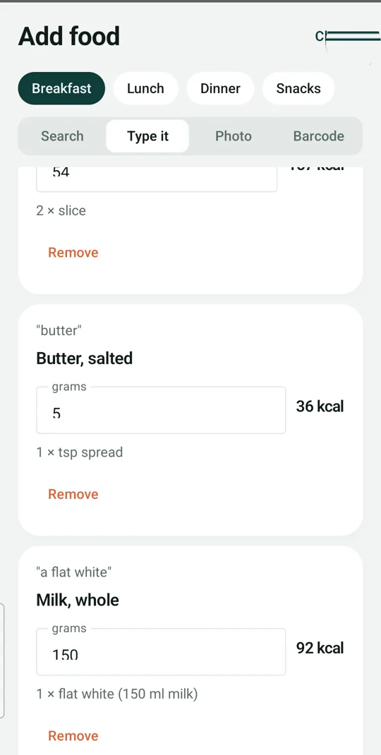Everhale Add food screen matching a typed breakfast to eggs, toast, butter and milk